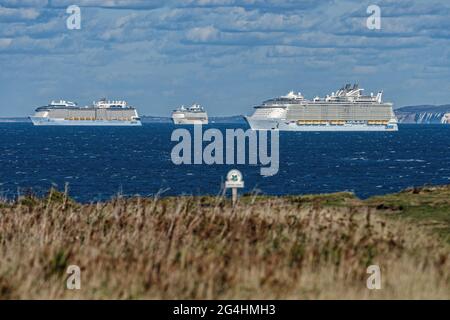 Les navires de croisière Royal Caribbean International Anthem of the Seas, allure of the Seas et Explorer of the Seas à l'ancre à Poole Bay, Dorset, Royaume-Uni Banque D'Images