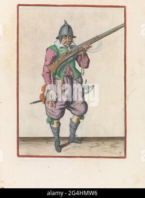 Soldat soufflant des étincelles de la casserole de son gouvernail; Corte Underswsinghe sur la figure de figuerliicke, simple T'ruwe Ghebruyck des Roers. Un soldat, plein, à droite, tenant un mélange (un certain type d'arme à feu) et souffle sur la casserole (le réservoir de poudre). Dans sa main gauche, sauf le remuer aussi une mèche brûlante. Dans sa main droite une bouteille de pistolet. Cet imprimé fait partie de la série de 42 imprimés d'agitateurs numérotés à la main dans l'opéra Arms. Banque D'Images