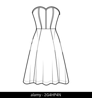 Robe corset technique mode illustration avec sans manches, sans bretelles, corps ajusté, longueur genou jupe circulaire. Vêtements plats sur le devant, coloris blanc Illustration de Vecteur