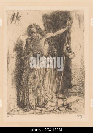 Mendiant aveugle. Un homme debout vêtu de chiffons et s'appuie sur un bâton. Banque D'Images