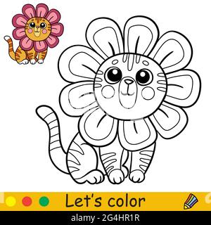 Mignon petit chat heureux dans un costume de fleur. Page de livre de coloriage avec modèle coloré pour les enfants. Illustration vectorielle isolée. Pour livre de coloriage, impression, Illustration de Vecteur