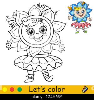 Jolie petite fille heureuse dans une jupe et un costume de fleur. Page de livre de coloriage avec modèle coloré pour les enfants. Illustration vectorielle isolée. Pour colorier b Illustration de Vecteur