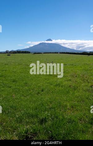 Mont Taranaki (Egmont) et les terres agricoles près d'Eltham, Taranaki, Île du Nord, Nouvelle-Zélande Banque D'Images