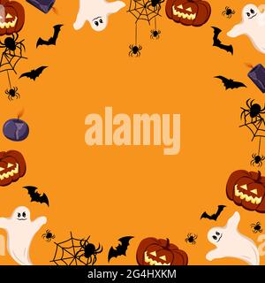 Cadre Halloween brillant sur fond sombre avec citrouilles, fantômes, crânes, chauves-souris et araignées Illustration de Vecteur