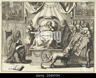 . Willem III comme sauveur de la patrie. Dans le spectacle, la vierge hollandaise est malade au lit. Au pied, qui est décoré des armoiries des sept provinces, lèche le portrait du lion hollandais de Willem III Sur la gauche la religion de la personnification priant. Le médecin traitant est probablement Constantijn Huygens. Banque D'Images