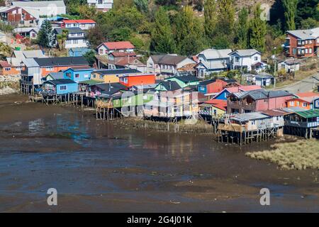 Palafitos (maisons à pilotis) à Castro, île Chiloe, Chili Banque D'Images