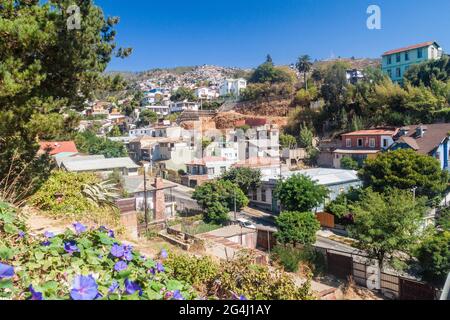 Maisons colorées sur les collines de Valparaiso, Chili Banque D'Images