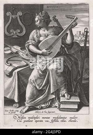 . La personnalisation de la musique, le jute jouant. Elle est assise à une table avec d'autres instruments de musique tels que Hoorn, Violin, Lier et Schalmi. L'imprimé a une légende latine sur la musique et fait partie d'une série de sept parties sur les sept arts libéraux Banque D'Images