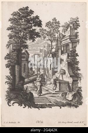 Deux personnages à une fontaine dans un paysage en ruine; ruines antiques. Une figure boit d'une fontaine avec une tête de lion dans un paysage en ruine. À gauche, une femme court avec une carafe sur la tête et dans la main. Au bas de la liste de spectacle une Rocaille. Numéro d'éditeur 61. Banque D'Images