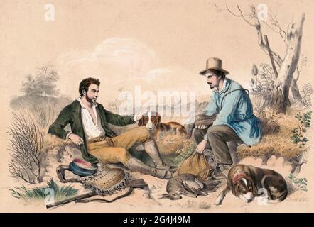 Deux chasseurs et leurs chiens se reposent après la chasse aux lapins et aux oiseaux, vers 1850 Banque D'Images