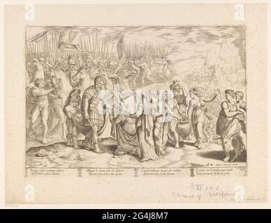 Abigaïl demande pardon à David. Abiginal s'agenouille pour David et lui demande pardon pour le comportement de son mari Nabal, qui a refusé la nourriture de David. Ses compagnons de combat sont derrière David. Derrière les serviteurs et les serviteurs d'Abigaïl avec la nourriture. Texte italien en quatre colonnes dans Undermarge. Banque D'Images