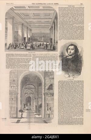 Bibliothèque du British Museum; la grande salle / la salle voûtée / M. Jules Janin. Feuille de texte avec trois illustrations. Deux reproductions montrent la bibliothèque du British Museum: 'The large Room' et 'The Archad Room'. Le troisième imprimé montre le portrait de l'écrivain français Jules Janin. Banque D'Images