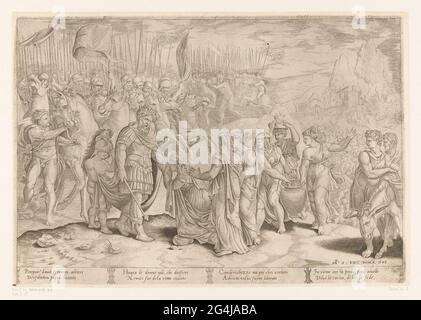 Abigaïl demande pardon à David. Abiginal s'agenouille pour David et lui demande pardon pour le comportement de son mari Nabal, qui a refusé la nourriture de David. Ses compagnons de combat sont derrière David. Derrière les serviteurs et les serviteurs d'Abigaïl avec la nourriture. Texte italien en quatre colonnes dans Undermarge. Banque D'Images