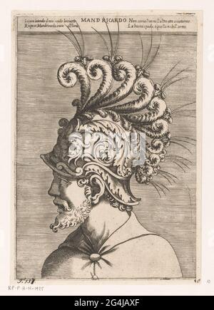 Buste de mandricardo; Mandricardo; personnages de 'Orlando Furioso'. Buste de Mandricardo, un personnage de l'épopée de Ludovico Ariosto 'Orlando Furioso'. Sur sa tête, il porte un casque décoré de feuilles, de plumes et de longues épines. Au sommet du titre et quatre nouvelles règles italiennes, peut-être de l'épopée. Banque D'Images