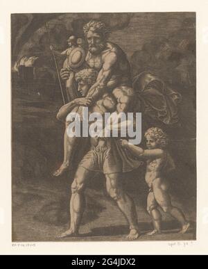 Aeneas et ses vols familiaux au départ de Troy. Aeneas court avec son père Anchises sur le dos. Dans sa main droite, Anchises porte les dieux de la maison (pènes). Son fils Ascanius court derrière Aeneas. En arrière-plan la brûlure troy. Texte italien en deux colonnes dans Undermarge. Banque D'Images