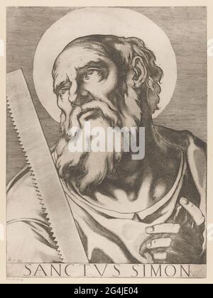 Sacré Simon Zelotes; Sanctus Simon; Christ, Maria et les douze apôtres; il Sacrato Collegio Apostolico. Le Saint Simon Zelotes avec la scie. Autour de sa tête un Nimbus circulaire. Titre dans Undermarge. Banque D'Images