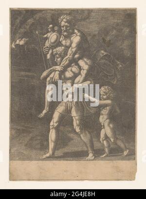 Aeneas et ses vols familiaux au départ de Troy. Aeneas court avec son père Anchises sur le dos. Dans sa main droite, Anchises porte les dieux de la maison (pènes). Son fils Ascanius court derrière Aeneas. En arrière-plan la brûlure troy. Banque D'Images