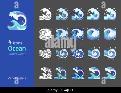 Icône de composition carrée d'illustration de vecteur d'onde de mer. Conception Ocean Element plate, silhouette, icône détaillée. Illustration de Vecteur