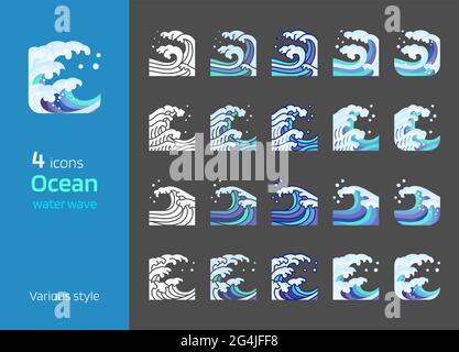 Icône des vagues de mer et d'océan illustration vectorielle de divers styles. Ligne colorée, silhouette, conception plate, brillant détaillé. Composition carrée. Illustration de Vecteur