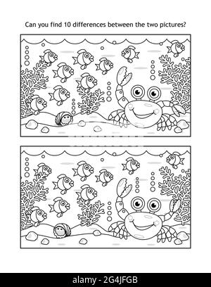 Trouvez dix différences sous-marine puzzle visuel et coloriage page, la vie de mer, noir et blanc, adapté à la fois pour les enfants et les adultes Banque D'Images