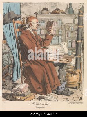 Libraire dans un intérieur avec des rats; M. Nid-A-rats Bouquiniste. Dans une pièce il y a un libraire dans les vêtements avec trous sur une chaise pour un chauffage. Des piles de livres sur ses genoux, sur le sol et sur son lit. Dans toute la pièce, les rats sont assis non seulement au pain dans le placard, mais ont également commencé les livres. Banque D'Images