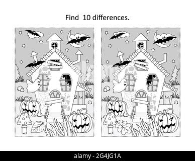 Trouvez 10 différences visuel puzzle et coloriage page avec Halloween hanté maison Banque D'Images