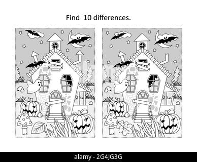 Trouvez 10 différences visuel puzzle et coloriage page avec Halloween hanté maison Illustration de Vecteur