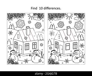 Trouvez 10 différences visuel puzzle et coloriage page avec cabine en hiver avec deux bonhommes de neige Illustration de Vecteur