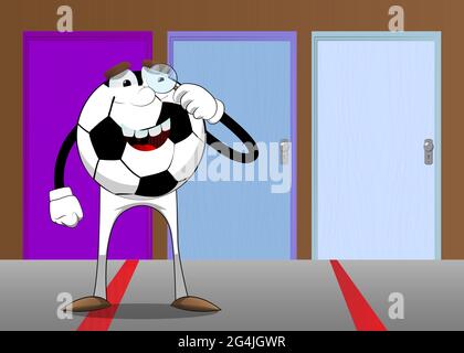 Ballon de football tenant une loupe. Ballon de football traditionnel comme personnage de dessin animé avec visage. Illustration de Vecteur