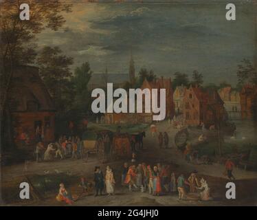 Village flamand. Vue dans un village flamand. Au premier plan se trouve un groupe de spectateurs autour d'un homme avec un chien dansant, Right vend le poisson d'une femme. Liens dansant pour une auberge le long de laquelle un wagon couvert est en train de conduire. Plus en arrière la route longe une eau avec des bateaux entre les maisons du village. Une église au loin. Banque D'Images