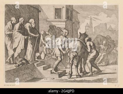 Départ du fils perdu; histoire du fils perdu; L 'Historia del Figliolo Prodigo. Le fils perdu se met sur son cheval et quitte sa maison parentale. A gauche trois hommes et à droite en arrière-plan trois figures avec deux dromadaires. Banque D'Images