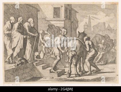 Départ du fils perdu; histoire du fils perdu; L 'Historia del Figliolo Prodigo. Le fils perdu se met sur son cheval et quitte sa maison parentale. A gauche trois hommes et à droite en arrière-plan trois figures avec deux dromadaires. Banque D'Images