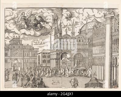 Festa della sensa (quatrième partie); AnkeFt und Herkvommen der Weitberümbten Herrlichen Statt Screw Sambt Derselben Waident Herrschafft. Procession de la Doge le jour de l'Ascension sur la place Saint-Marc à Venise. Le cortège mène au Bucintoro, le galei du Doge. Une fois par an 'arrima le Doge pendant la DELLA SENLA Sensa festa avec la mer Adriatique en jetant un anneau dans l'eau de ce galei. En haut à gauche, un ange couronne le lion ailé du Saint Marcus. Banque D'Images