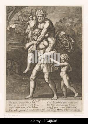 Aeneas et ses vols familiaux au départ de Troy. Aeneas court avec son père Anchises sur le dos. Dans sa main droite, Anchises porte les dieux de la maison (pènes). Son fils Ascanius court derrière Aeneas. En arrière-plan la brûlure troy. Texte italien en deux colonnes dans Undermarge. Banque D'Images