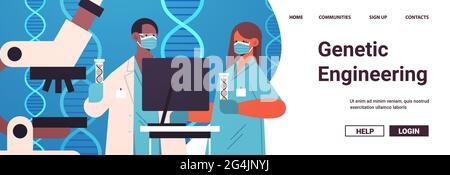 Scientifiques travaillant avec l'ADN dans des tubes à essai chercheurs faisant des expériences dans le test d'ADN en laboratoire génie génétique Illustration de Vecteur