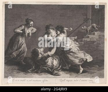 Combattre les femmes. Trois femmes sont au combat et l'une d'entre elles est sur le sol. A laissé une quatrième femme montres. Sur la droite un chien aboyant sur un escalier. Deux lignes de Ludovico Ariostos' Epos' Orlando Furioso '(1532). Banque D'Images