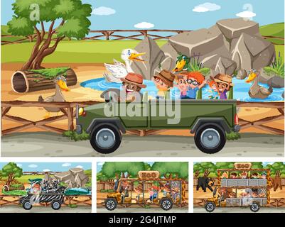 Différentes scènes de safari avec des animaux et des dessins de personnage de dessin animé d'enfants Illustration de Vecteur