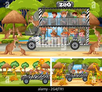 Différentes scènes de safari avec des animaux et des dessins de personnage de dessin animé d'enfants Illustration de Vecteur
