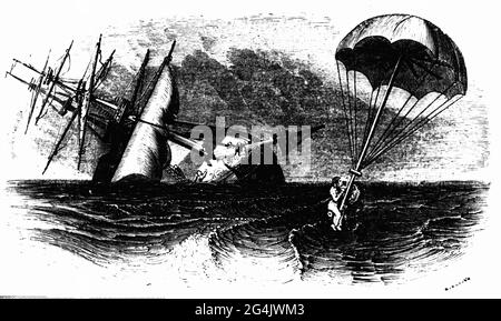 transport / transport, navigation, détresse en mer, sauvetage en mer, proposition de parachute marin, GRAVURE EN BOIS, LE DROIT D'AUTEUR DE L'ARTISTE NE DOIT PAS ÊTRE EFFACÉ Banque D'Images