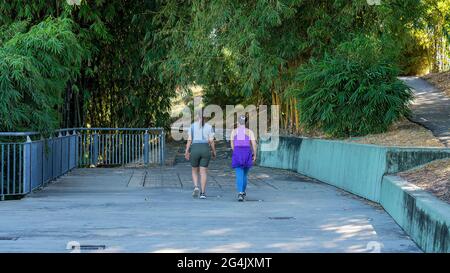 MacKay, Queensland, Australie - 2021 juin : deux amies marchent dans les jardins botaniques pour leur exercice du matin Banque D'Images