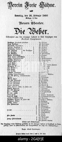 théâtre / théâtre, pièce, 'The Weavers' (Die Weber), par Gerhart Hauptmann (1862 - 1946), première mondiale, LE DROIT D'AUTEUR DE L'ARTISTE N'A PAS À ÊTRE AUTORISÉ Banque D'Images