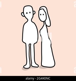 Vector Doodle couple dessin animé homme et femme icône, émotion imprévisible, illustration graphique plate, encre noire ligne. Banque D'Images
