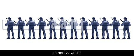 Police à Riot Gear tenant la ligne. Police anti-émeute de groupe avec équipement de protection et boucliers. Caractères de dessin animé illustration vectorielle de style plat isolée Illustration de Vecteur