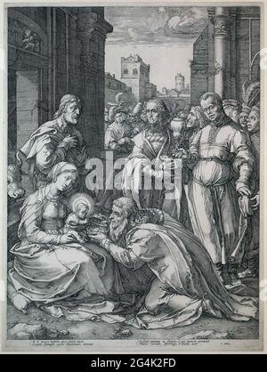 . Maria et Joseph montrent, assis dans / avec une ruine, leur enfant nouveau-né aux trois rois ou point de l'est et leur conséquence. Sous le spectacle quatre règles de fraîcheur latine. Cet imprimé fait partie d'une série de six tirages avec des scènes de la vie de Marie. Ils sont appelés les « astérisques » parce que Goldzius a simulé le travail de différents illustres prédécesseurs. Banque D'Images