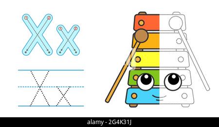 Tracez la lettre et l'image et coloriez-la. Jeu éducatif de traçage d'enfants. Alphabet de coloration. Lettre X et Xylophone drôle Illustration de Vecteur