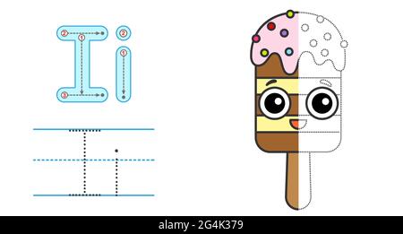 Tracez la lettre et l'image et coloriez-la. Jeu éducatif de traçage d'enfants. Alphabet de coloration. Lettre I et crème glacée drôle Illustration de Vecteur