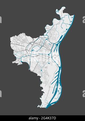 Carte de Strasbourg. Plan détaillé du quartier administratif de Strasbourg. Panorama urbain. Illustration vectorielle libre de droits. Carte avec autoroutes, Illustration de Vecteur