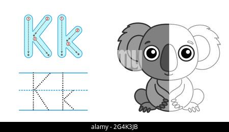 Tracez la lettre et l'image et coloriez-la. Jeu éducatif de traçage d'enfants. Alphabet de coloration. Lettre K et drôle Koala Illustration de Vecteur