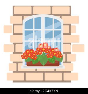 Boîte avec fleurs sur la fenêtre, mur de briques avec fenêtre blanche rouge, illustration vectorielle de style plat, dessin animé, isolé Illustration de Vecteur