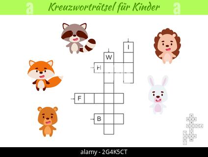 Mots croisés pour les enfants en allemand avec des images d'animaux. Jeu éducatif pour étudier la langue et les mots allemands. Feuille de travail imprimable de l'activité enfants. Po Illustration de Vecteur